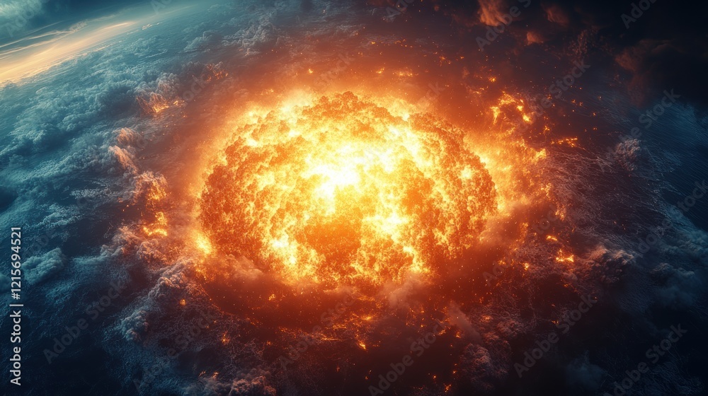 Obraz premium Fiery explosion amidst dark clouds, viewed from above.