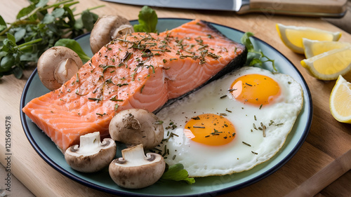 Nutritious and Healthy Plate of Salmon and Fried Eggs