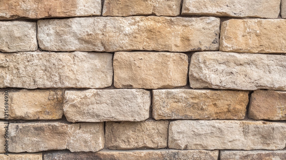 Obraz premium Textured stone wall with rectangular blocks in various shades of beige and brown featuring Copy Space for design purposes