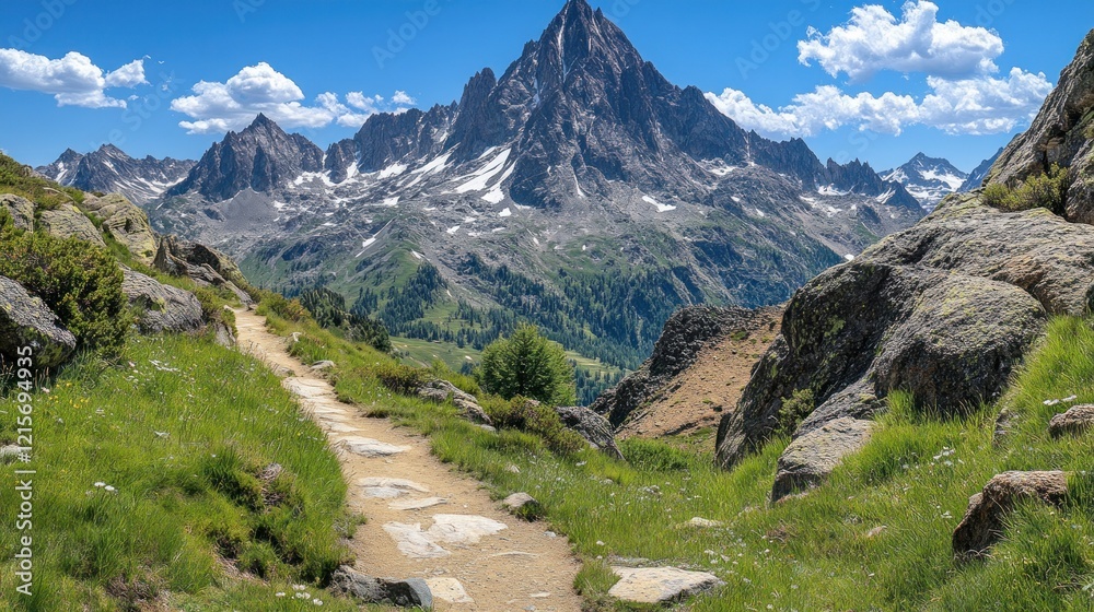 Hiking trail, alpine meadow, mountain vista, summer Hiking trail, alpine meadow, mountain vista, summer