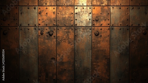 Rusty metal wall with rivets and an industrial appearance featuring warm tones and textured surfaces Copy Space