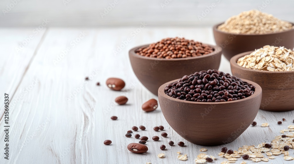 Assorted grains and legumes in wooden bowls on a white wooden table with copy space Assorted grains and legumes in wooden bowls on a white wooden table with copy space