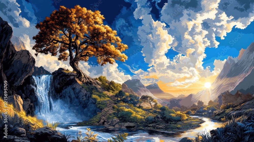 Serene Forest Clearing with Majestic Waterfall, Towering Pine Tree, and Babbling Brook - Perfect for Nature Magazines and Outdoor Apparel Advertising