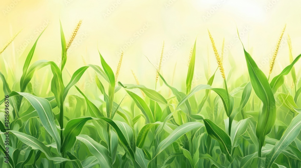 Obraz premium Illustration of green corn plants with yellow tassels in a bright field, soft light background, suitable for agricultural themes, Copy Space.