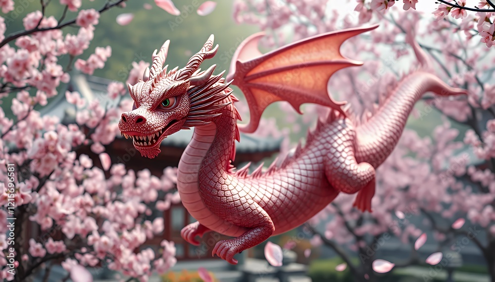 Pink Dragon Soaring Among Delicate Cherry Blossoms In A Serene Asian Garden Setting, A Digital 3d Rendering Of A Mythical Creature