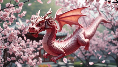 Obraz na płótnie Pink Dragon Soaring Among Delicate Cherry Blossoms In A Serene Asian Garden Setting, A Digital 3d Rendering Of A Mythical Creature w salonie