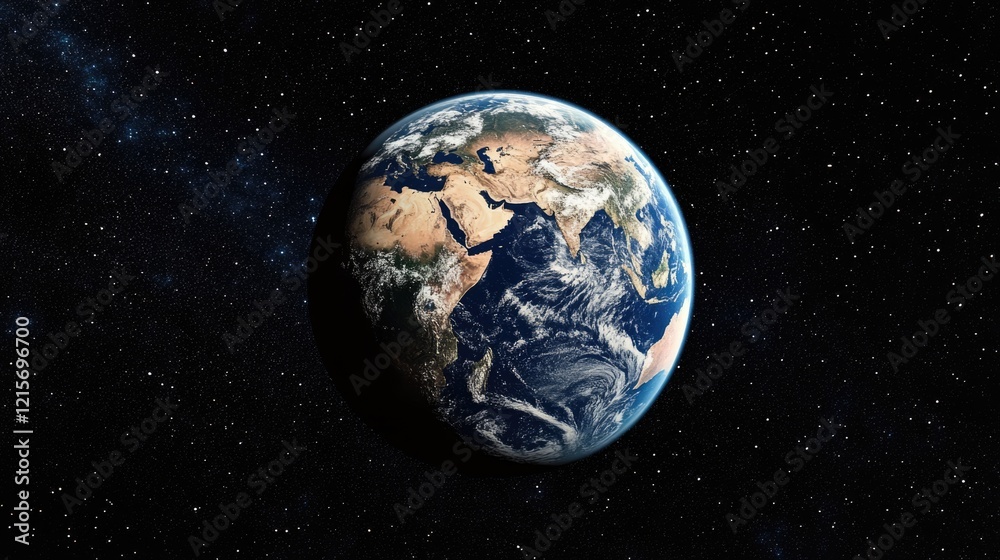 Fototapeta premium Earth from space view with detailed continents and atmosphere against a starry background Copy Space