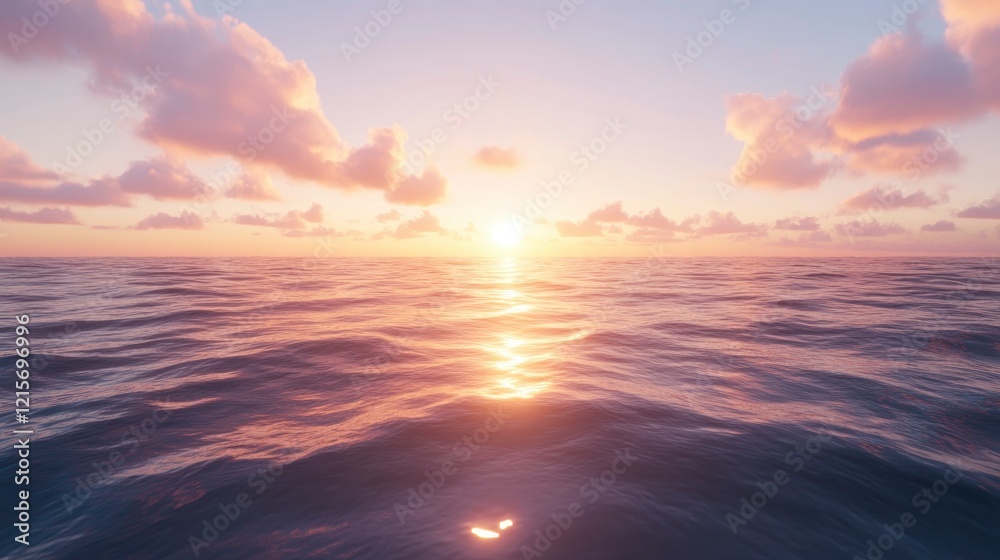 Serene sunset over calm ocean waters, with soft clouds reflecting warm hues in the horizon Serene sunset over calm ocean waters, with soft clouds reflecting warm hues in the horizon