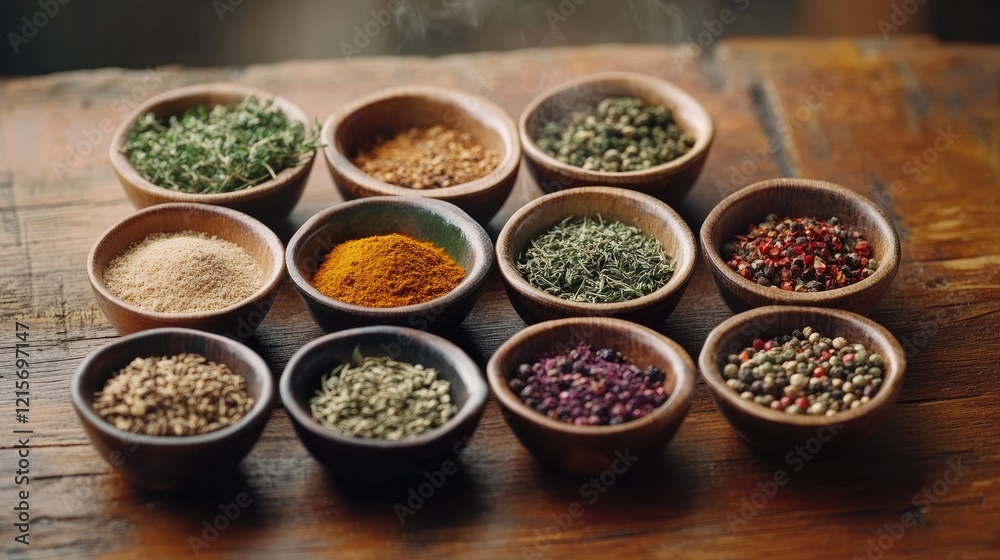 Assorted spices and herbs in wooden bowls on a rustic wooden surface with copy space for text Assorted spices and herbs in wooden bowls on a rustic wooden surface with copy space for text