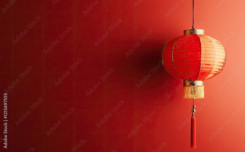 Fototapeta premium Red Chinese Lantern Hanging Against Red Wall