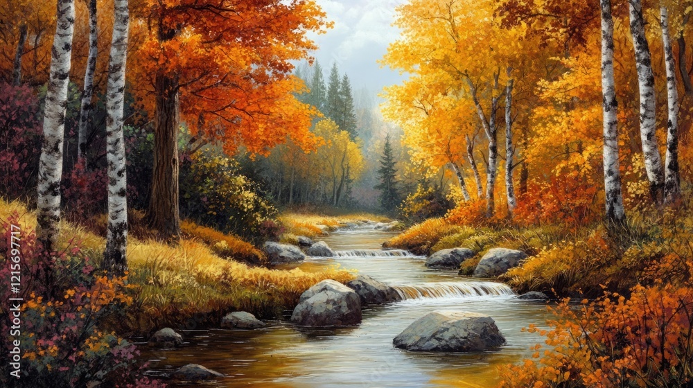 Autumn landscape with flowing stream surrounded by colorful trees and rocks in serene forest setting Copy Space Autumn landscape with flowing stream surrounded by colorful trees and rocks in serene forest setting Copy Space