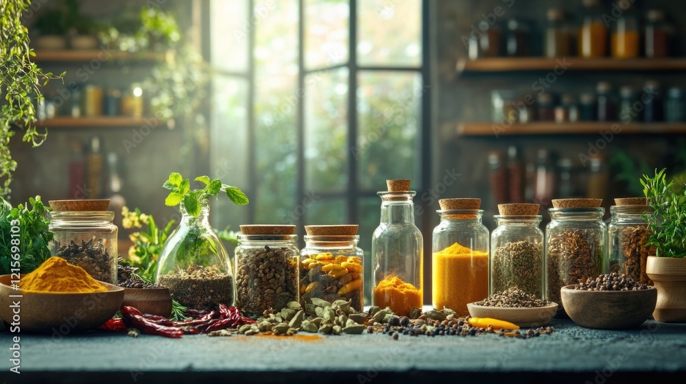 Rustic kitchen countertop with various spices in glass jars and wooden bowls surrounded by fresh herbs and plant decor Copy Space