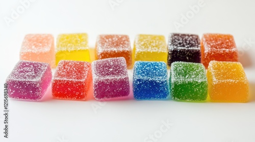 Colorful gummy candy cubes arranged in a row with granulated sugar coating on a white background. Copy Space available.