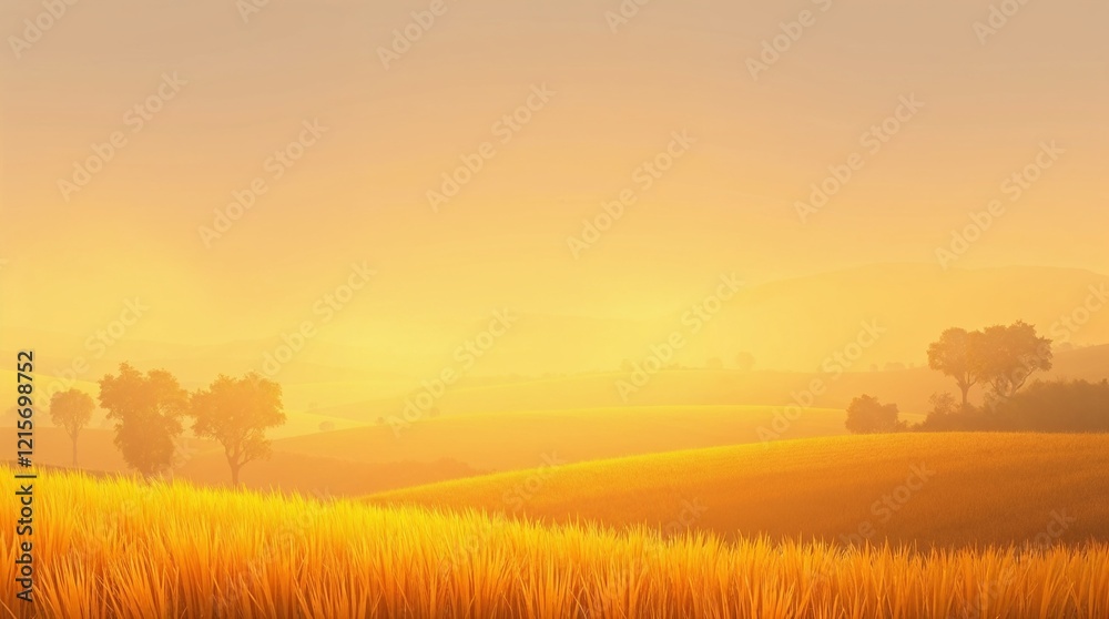 Fototapeta premium Serene Summer Sunrise Over Rural Meadow with Green Grass and Wheat under Evening Sky