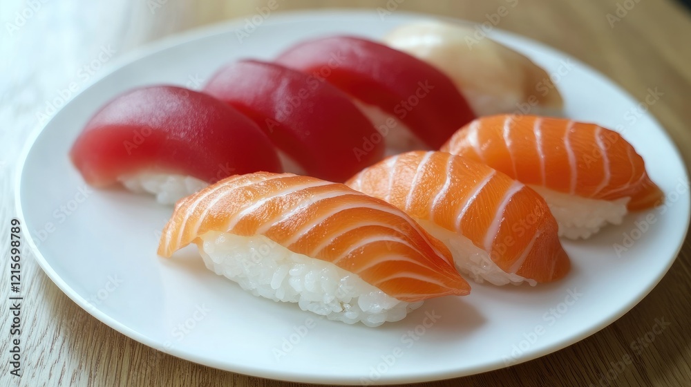 Sushi platter featuring assorted nigiri with fresh salmon and tuna on a white plate with wooden background and Copy Space Sushi platter featuring assorted nigiri with fresh salmon and tuna on a white plate with wooden background and Copy Space