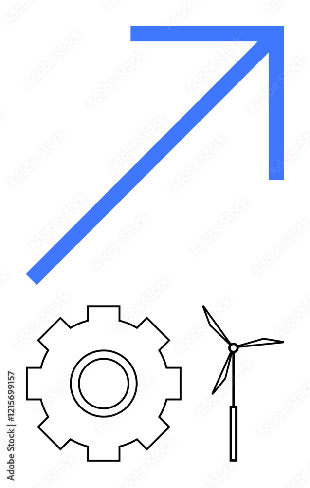 Blue upward arrow, gear outline, and wind turbine visualizing progress, clean energy, and mechanics. Ideal for tech, sustainability, growth, innovation engineering renewable energy abstract line Blue upward arrow, gear outline, and wind turbine visualizing progress, clean energy, and mechanics. Ideal for tech, sustainability, growth, innovation engineering renewable energy abstract line