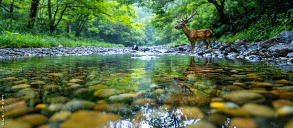 Tranquil Forest: Serene Stream and Majestic Deer in Lush Green Canopy - Perfect for Eco-Friendly Campaigns and Mindfulness Content Tranquil Forest: Serene Stream and Majestic Deer in Lush Green Canopy - Perfect for Eco-Friendly Campaigns and Mindfulness Content