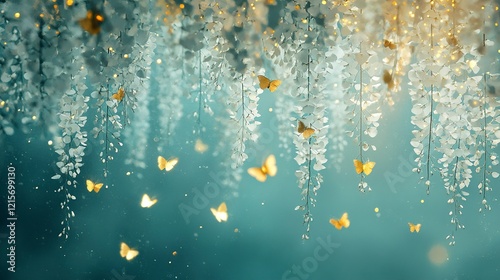 Enchanting Golden Butterflies and White Wisteria Blossoms in a Dreamy Teal Setting