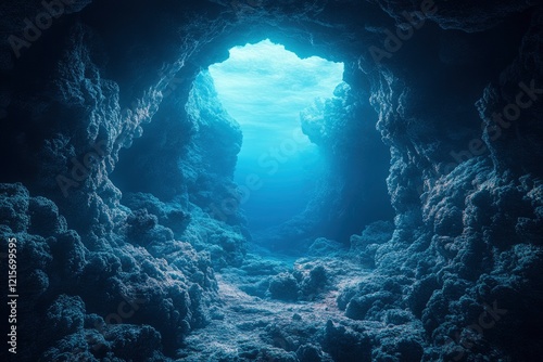 Underwater cave with rocky formations and serene blue light illuminating the ocean depths photo