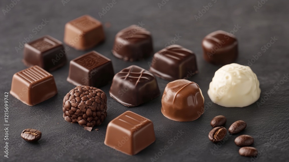 Assorted gourmet chocolate bonbons on a dark textured background with coffee beans and copy space for text Assorted gourmet chocolate bonbons on a dark textured background with coffee beans and copy space for text