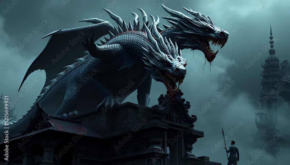 Fototapeta premium Two Massive Dragons Perched on a Rooftop During a Stormy Night, Attacking a City. A Soldier Below Looks Up in Fear. Pixel Art Style. Dark Fantasy Illustration