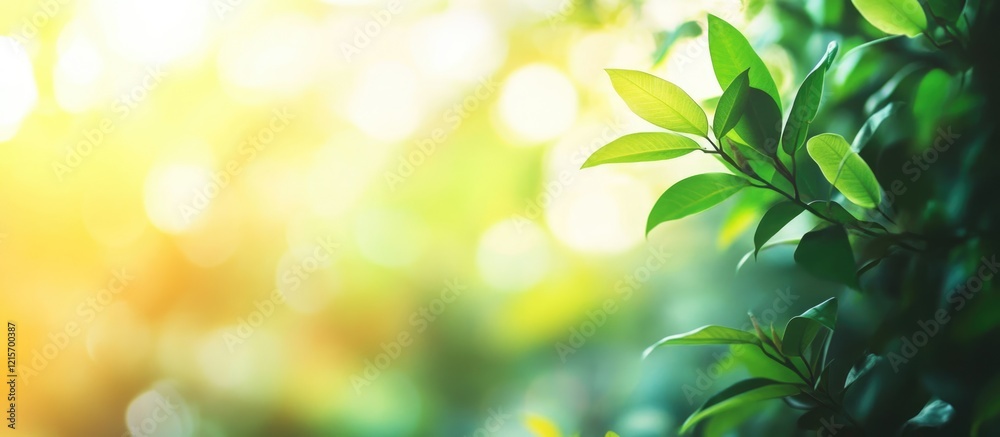 Green leaves with sunlight background creating a bokeh effect and ample copy space for text placement Green leaves with sunlight background creating a bokeh effect and ample copy space for text placement