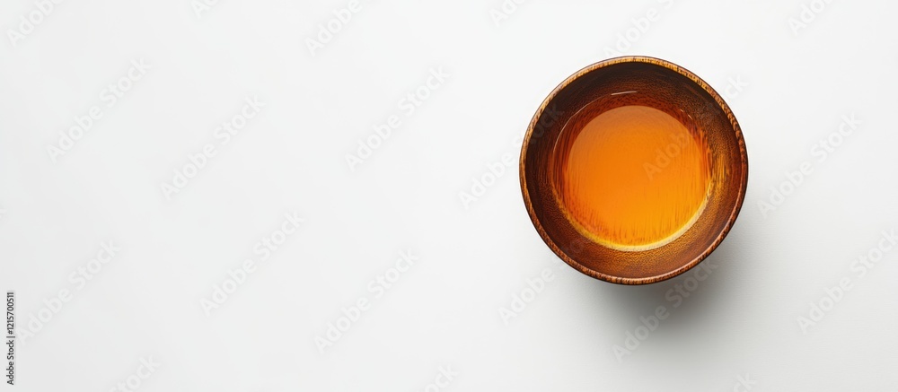 Brown ceramic bowl filled with amber liquid on white background with Copy Space Brown ceramic bowl filled with amber liquid on white background with Copy Space