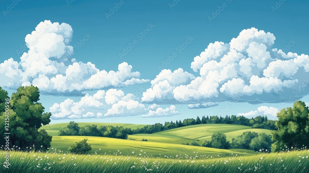 Obraz premium Vibrant green landscape with rolling hills under bright blue sky and fluffy white clouds Copy Space