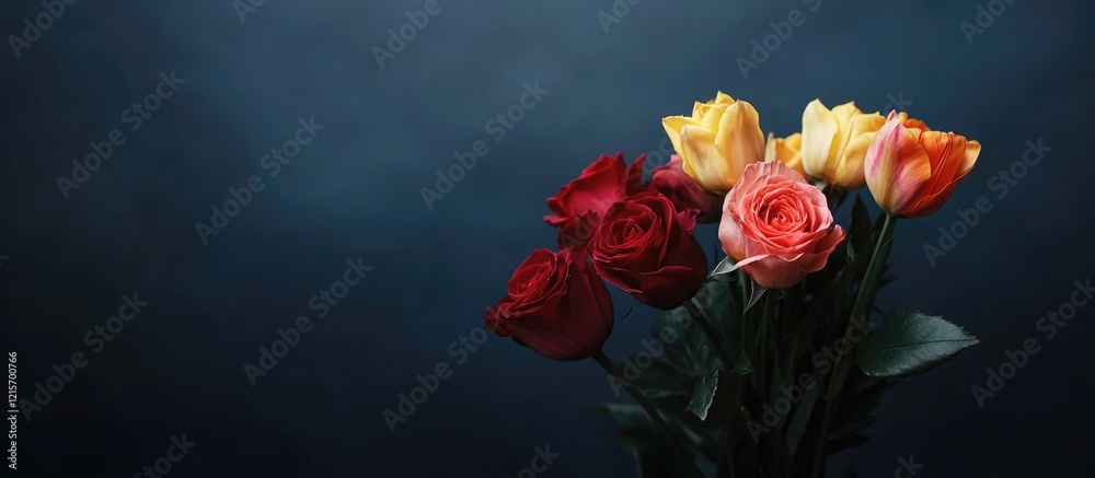 Colorful bouquet of roses in various shades on a dark background with Copy Space for text insertion Colorful bouquet of roses in various shades on a dark background with Copy Space for text insertion