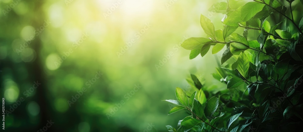 Obraz premium Green foliage background with soft light and bokeh effect Copy Space