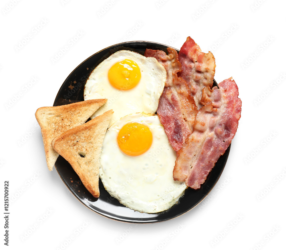Pan with tasty fried eggs, toasts and bacon on white background. Top view Pan with tasty fried eggs, toasts and bacon on white background. Top view