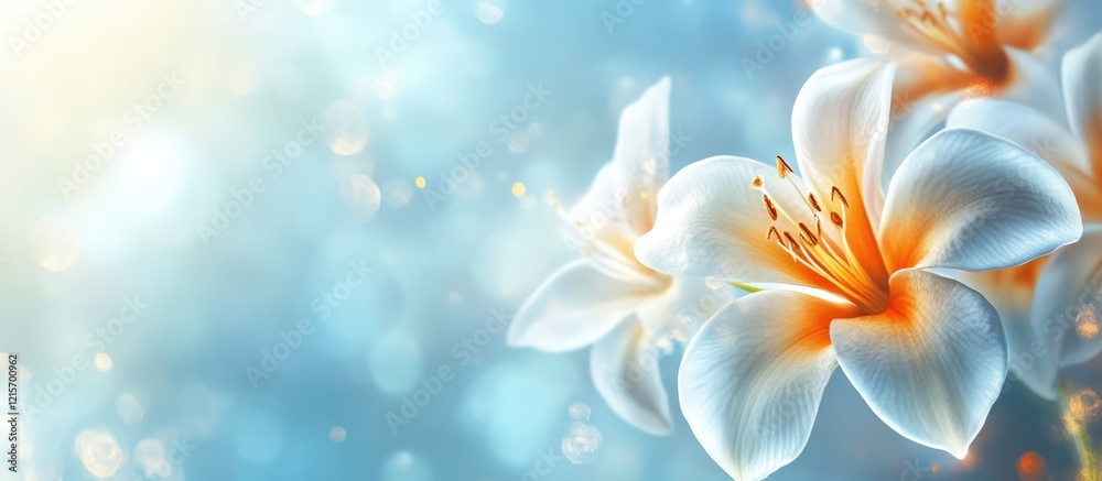 White lilies with orange centers on a soft blue background with bokeh effect and copy space for text. White lilies with orange centers on a soft blue background with bokeh effect and copy space for text.