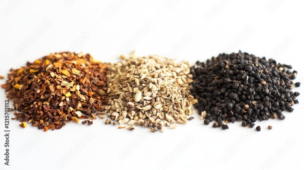 Assorted Spices in Piles with Copy Space on White Background Assorted Spices in Piles with Copy Space on White Background