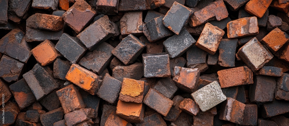 Diverse assortment of weathered bricks in various shades of red and brown arranged closely together with Copy Space for text placement Diverse assortment of weathered bricks in various shades of red and brown arranged closely together with Copy Space for text placement