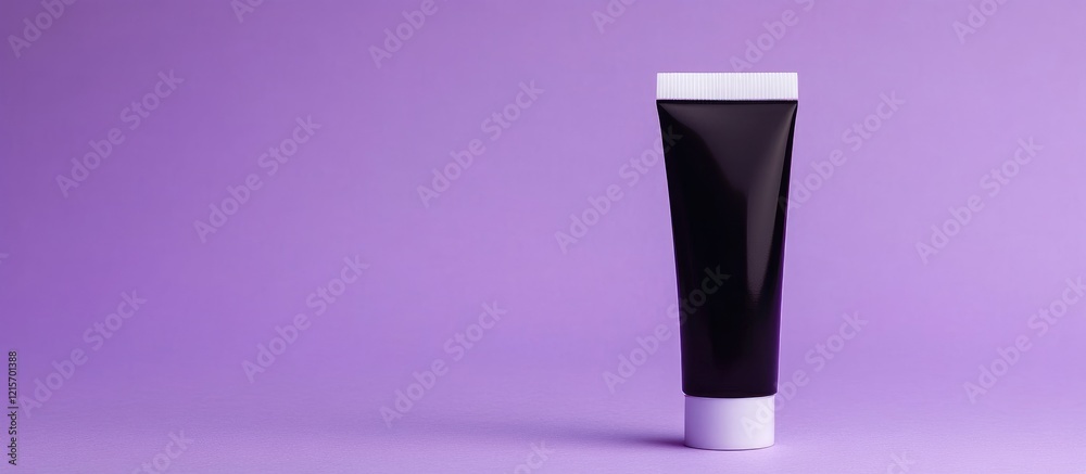 Black cosmetic tube on a purple background with copy space for product branding and advertising text. Black cosmetic tube on a purple background with copy space for product branding and advertising text.