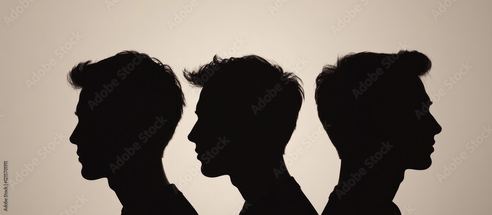 Silhouettes of three male profiles with gradual height difference against a neutral background with Copy Space Silhouettes of three male profiles with gradual height difference against a neutral background with Copy Space