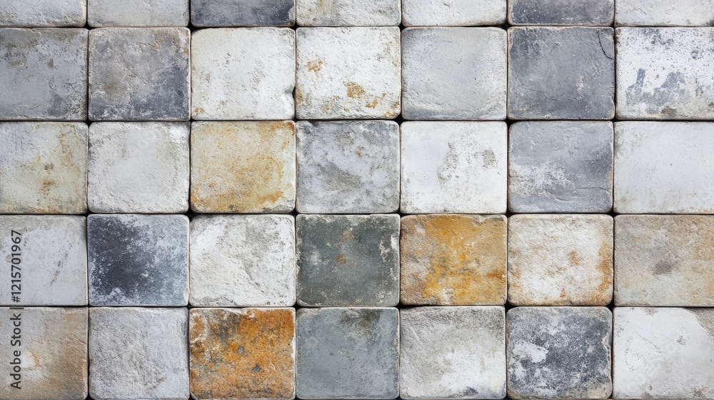 Fototapeta premium Textured square concrete blocks arranged in a grid pattern showcasing various shades of gray and rust with Copy Space for design purposes.