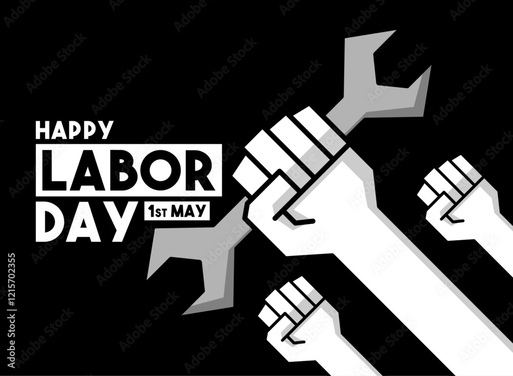 Fototapeta premium Happy Labor Day design vector. May 1. Workers hands. Flat design vector. Poster, banner, card, background.
