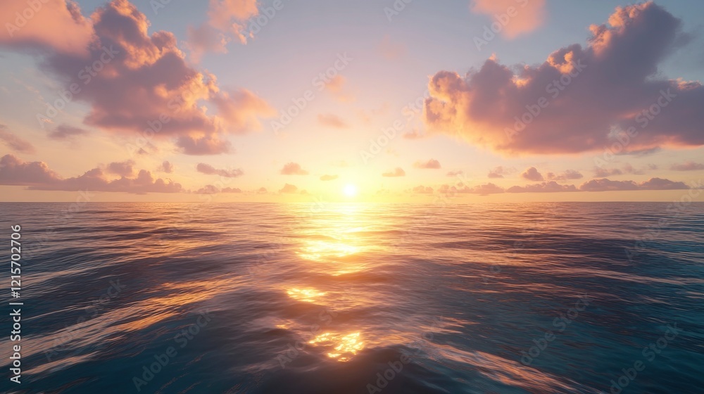 Fototapeta premium Serene sunset over calm ocean waters with soft clouds reflecting golden light