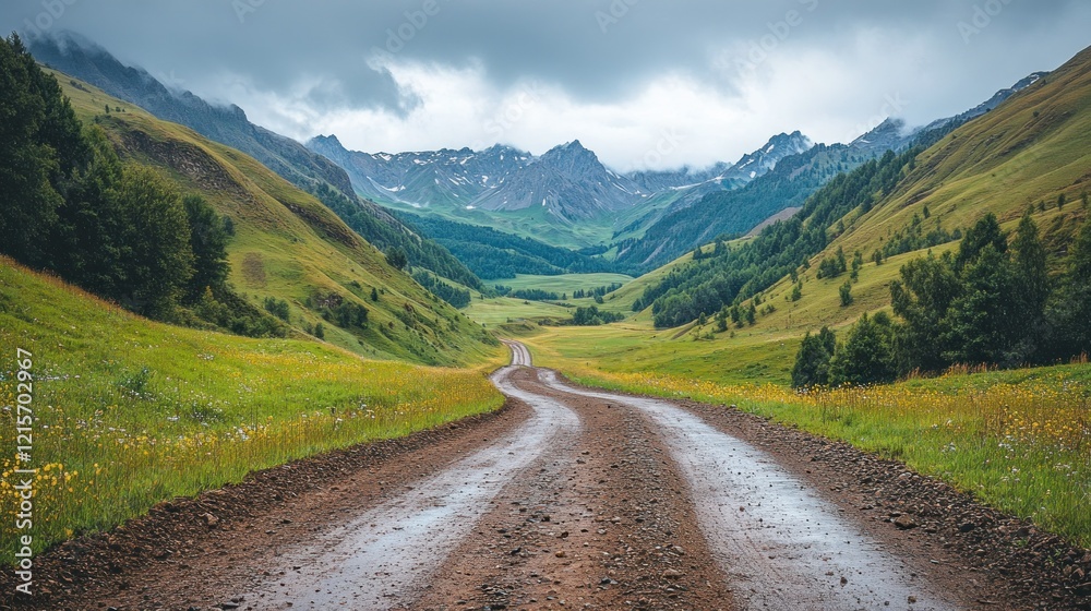 Fototapeta premium Mountain road winding through valley, rainy day