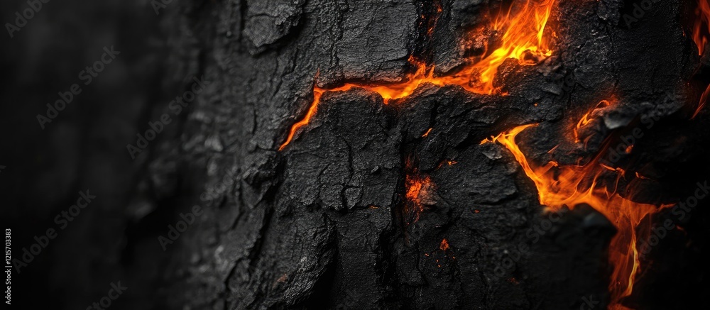 Abstract close-up of black burnt tree bark with glowing orange cracks and texture Copy Space Abstract close-up of black burnt tree bark with glowing orange cracks and texture Copy Space