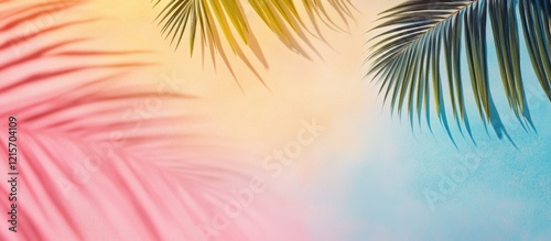 Colorful abstract background with palm leaves in pink and green hues with soft gradient colors and copy space for text placement.