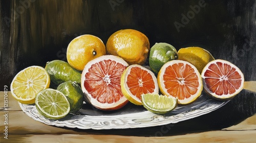 Assorted tropical fruits and juicy citrus slices including grapefruit lime and lemon on an elegant platter against a dark background photo