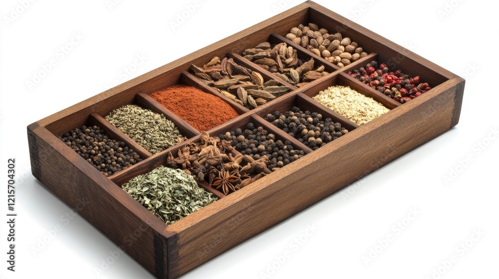 Assorted spices and herbs neatly organized in a wooden box for culinary inspiration and flavor enhancement Assorted spices and herbs neatly organized in a wooden box for culinary inspiration and flavor enhancement