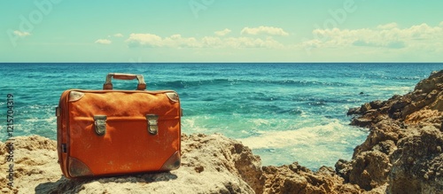 Leather satchel bag on rocky shore with ocean view and clear blue sky Copy Space