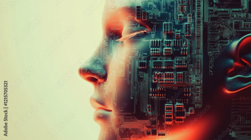 AI and Human Identity Fusion Concept Featuring Circuit Board Elements and Space for Text Placement AI and Human Identity Fusion Concept Featuring Circuit Board Elements and Space for Text Placement