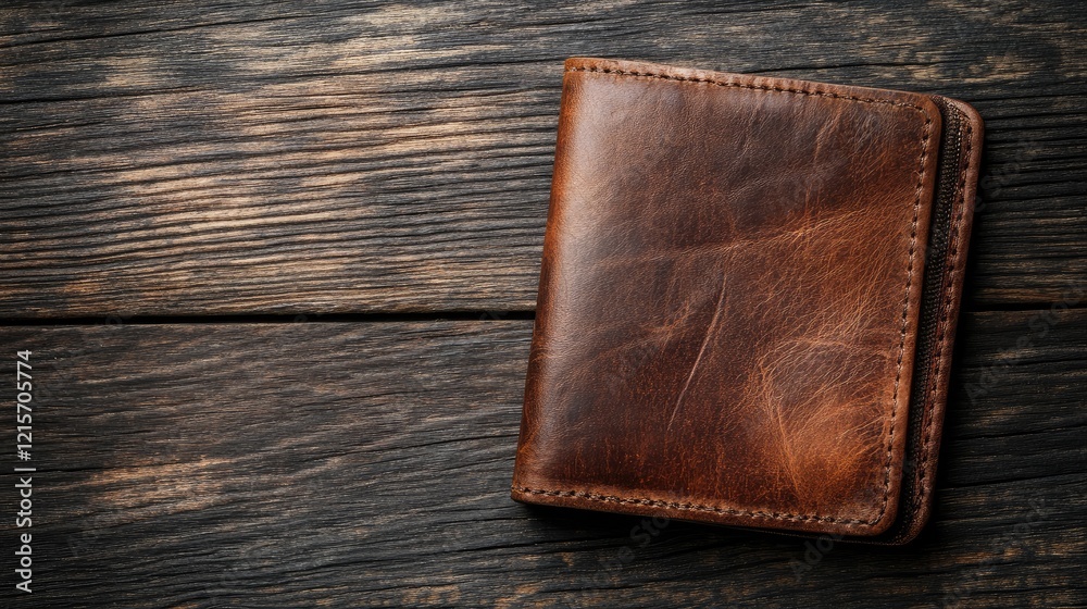 Aged leather wallet on rustic wooden background showcasing texture and natural tones ideal for advertising luxury accessories or minimalist style. Aged leather wallet on rustic wooden background showcasing texture and natural tones ideal for advertising luxury accessories or minimalist style.