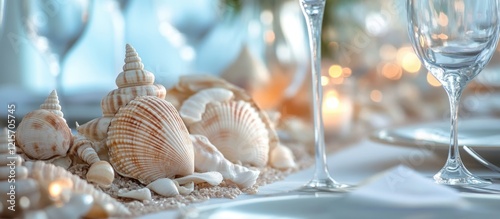 Elegant table setting with seashell decorations and glassware in soft focus, featuring warm candlelight, ideal for coastal dining, Copy Space photo