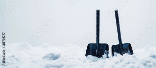 Two black snow shovels partially buried in white snow with a foggy background and Copy Space for text. photo