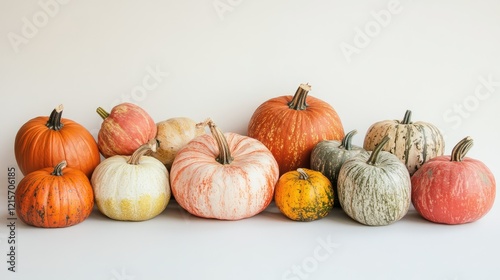 Assorted pumpkins in diverse shapes and colors displayed on a clean white background for autumn and harvest-themed visuals. photo